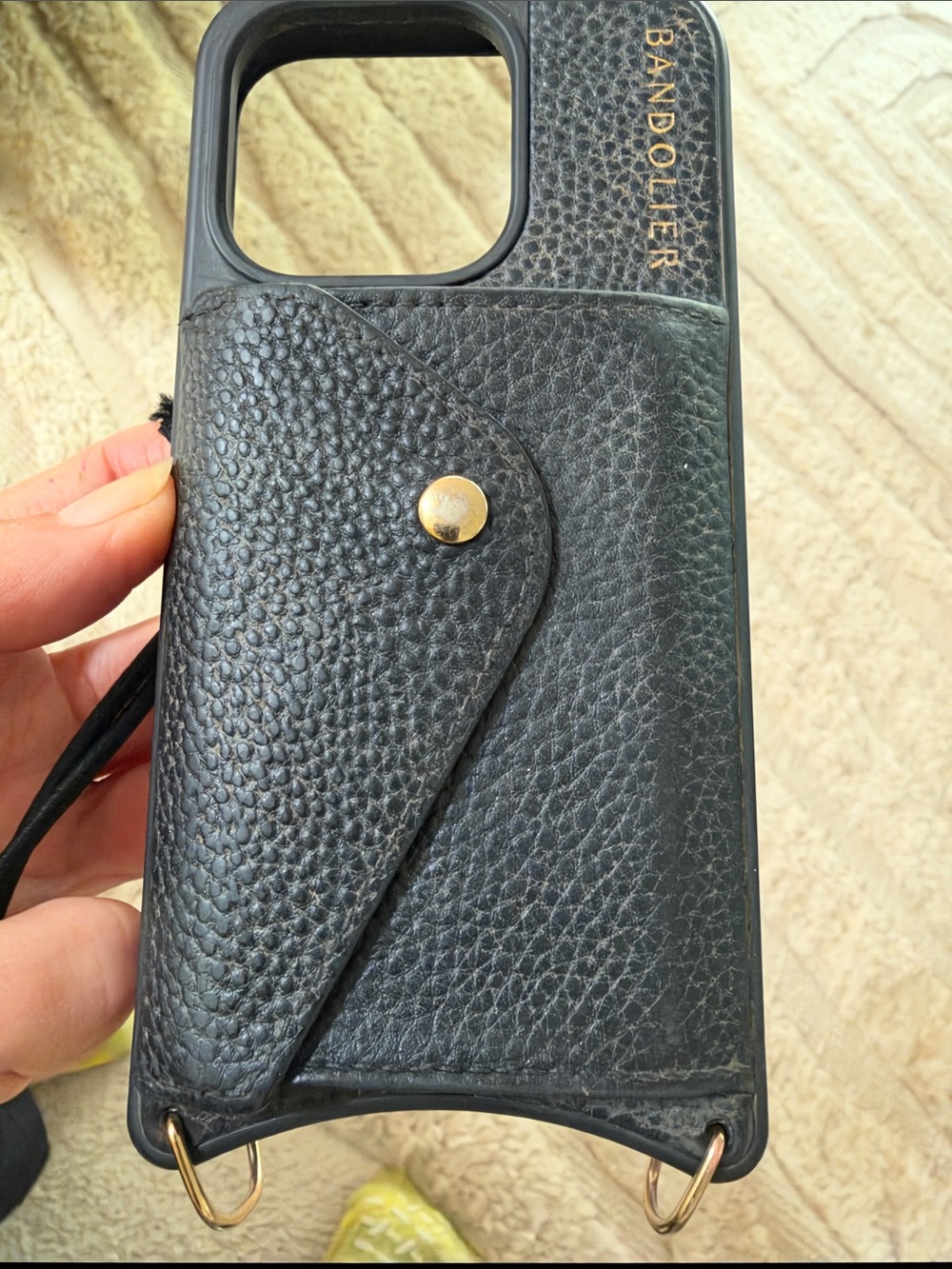 Bandolier Black Pebbled Leather Phone Case with Gold Hardware
